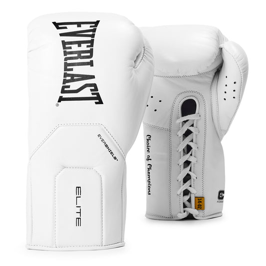 A pair of white Everlast Elite boxing gloves, one showing the front with 'EVERLAST' branding and the other showing the laces with 'Cluster of Champions' text, on a plain background. view 2