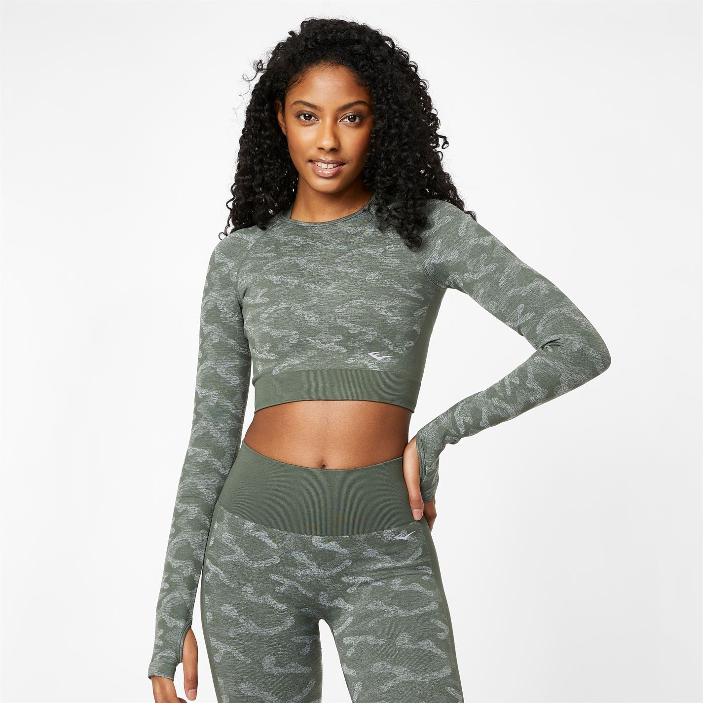 Dark Olive Womens Seamless L/S Camo Crop Top