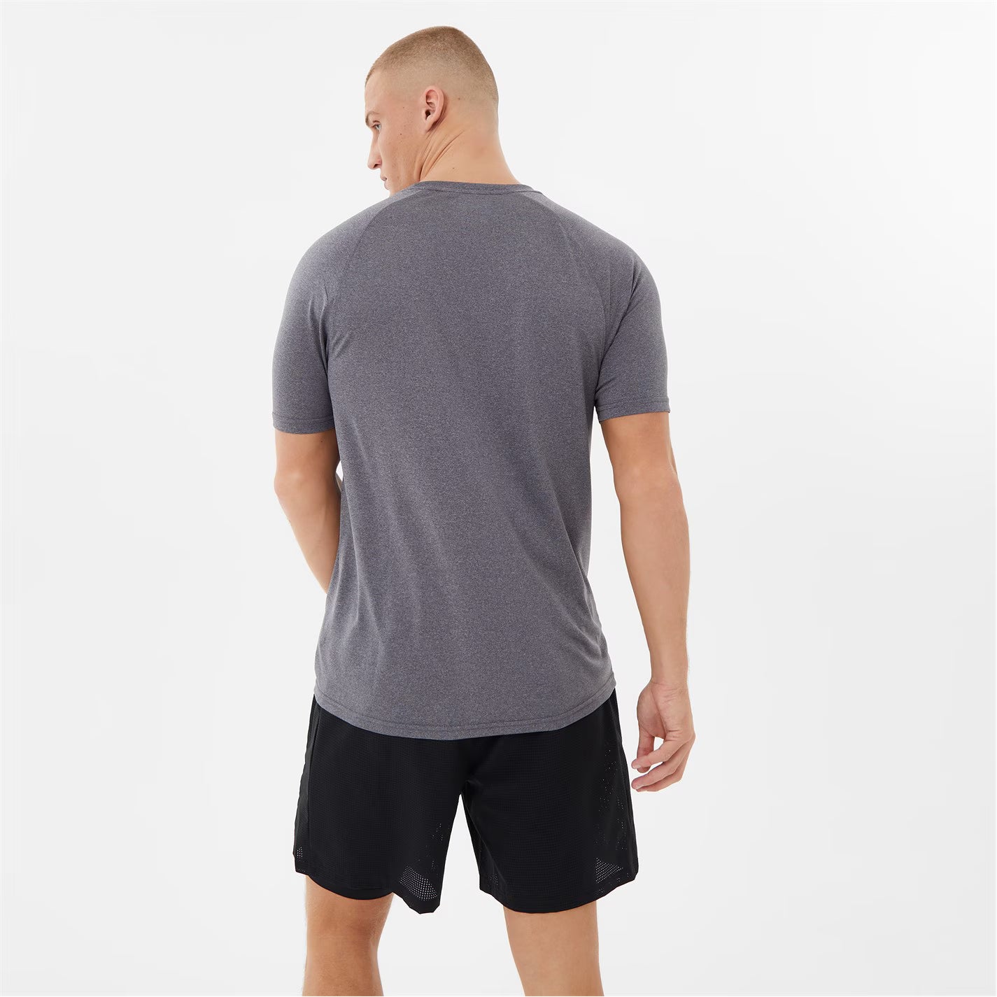 Man wearing a charcoal everlast poly t-shirt