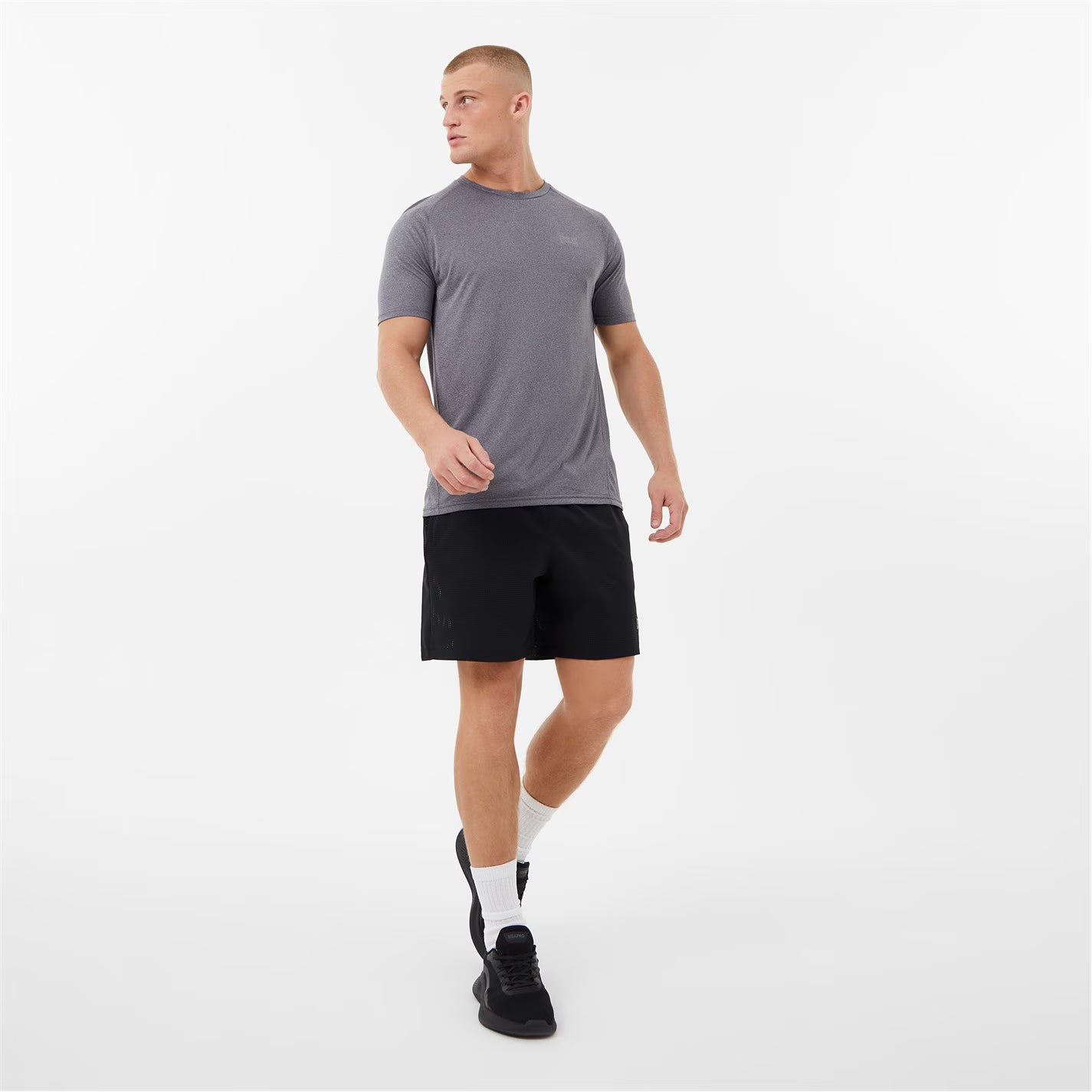 Man wearing a charcoal everlast poly t-shirt