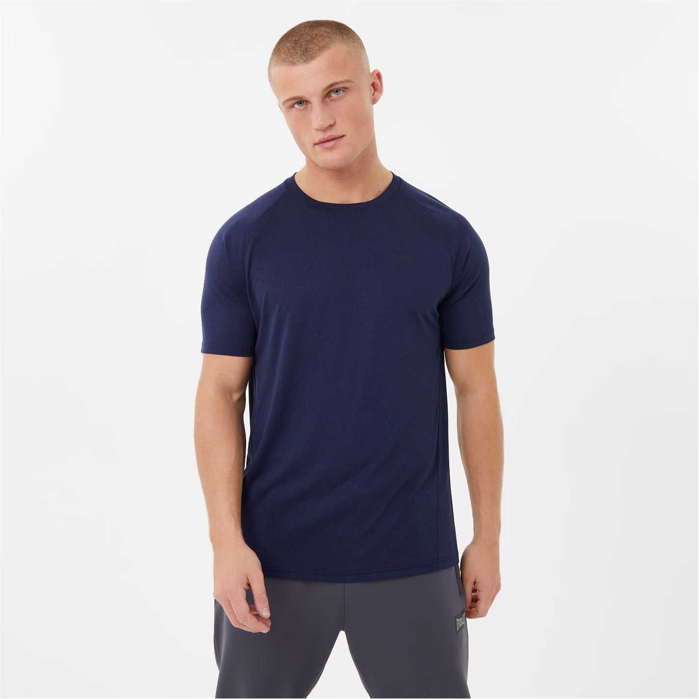 Man wearing a navy blue everlast poly t-shirt