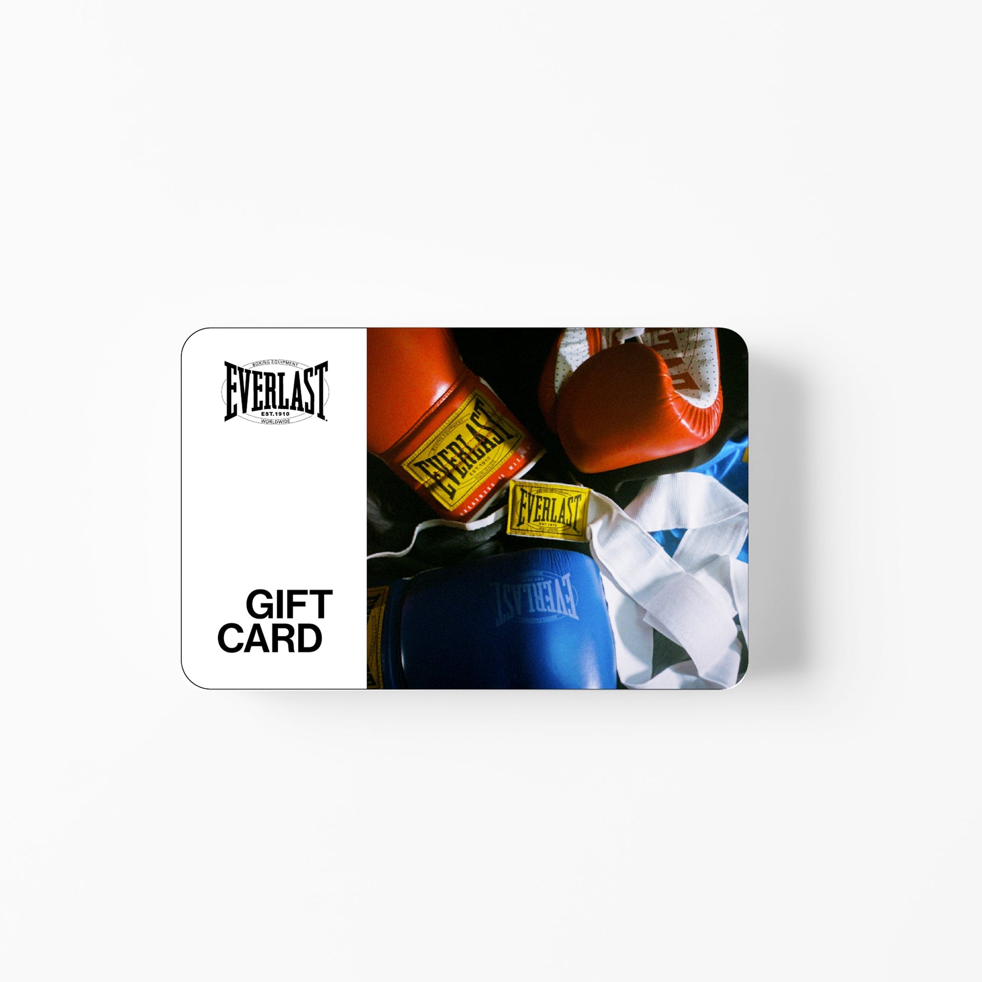 Everlast gift card with boxing gloves and equipment on a white background