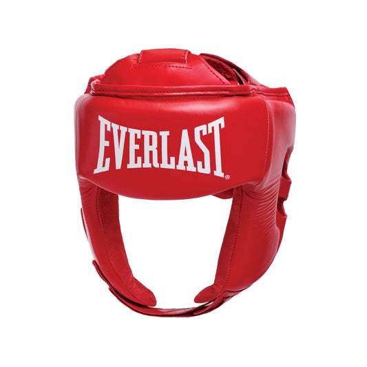 Red boxing headgear with 'Everlast' branding on a white background view 1
