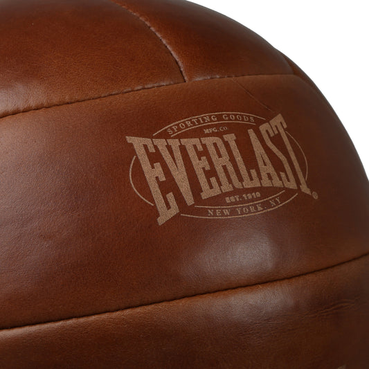 Brown leather medicine ball with Everlast branding view 2