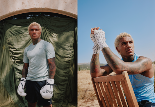 Conor benn at during his training camp before the Ryan Garcia fight. Split image. Left he is posing wearing everlast white boxing gloves. On the right he is sat over a deck chair wearing everlast tape around his wrists and knuckles.