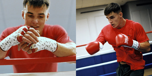 Taylor Bevan wearing everylast hand wraps and tape, with red boxing gloves.