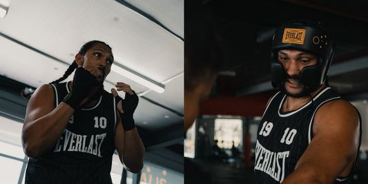 Two side-by-side training photos of boxer Teremoana Teremoana wearing a black pinstripe Everlast jersey in a gym.