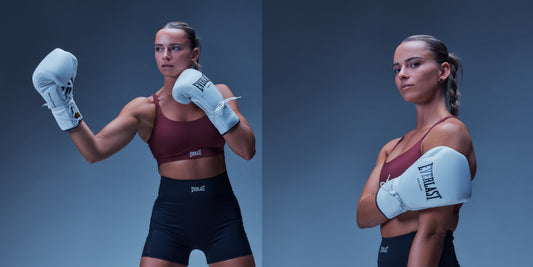 Two side-by-side studio photos of female boxer Skye Nicolson wearing white Everlast boxing gloves, a maroon sports bra, and black shorts against a moody blue backdrop.