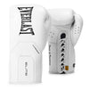 A pair of white Everlast Elite boxing gloves, one showing the front with 'EVERLAST' branding and the other showing the laces with 'Cluster of Champions' text, on a plain background.