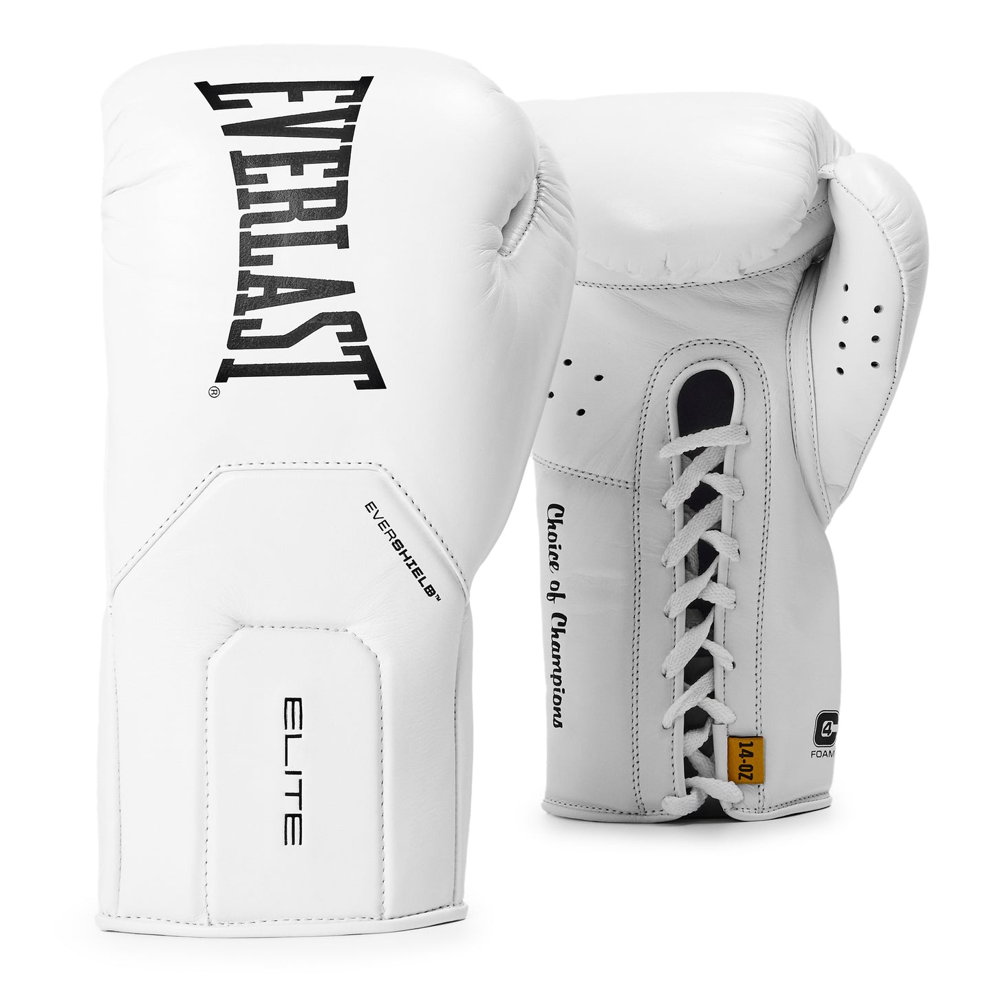 A pair of white Everlast Elite boxing gloves, one showing the front with 'EVERLAST' branding and the other showing the laces with 'Cluster of Champions' text, on a plain background.