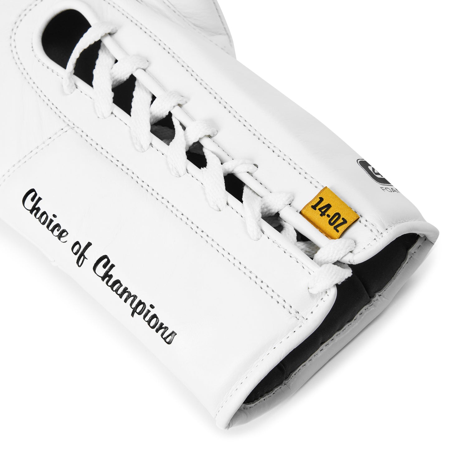 White leather boxing glove with white laces, featuring the text 'Choice of Champions' in script and a small yellow tag marked '24-02'.