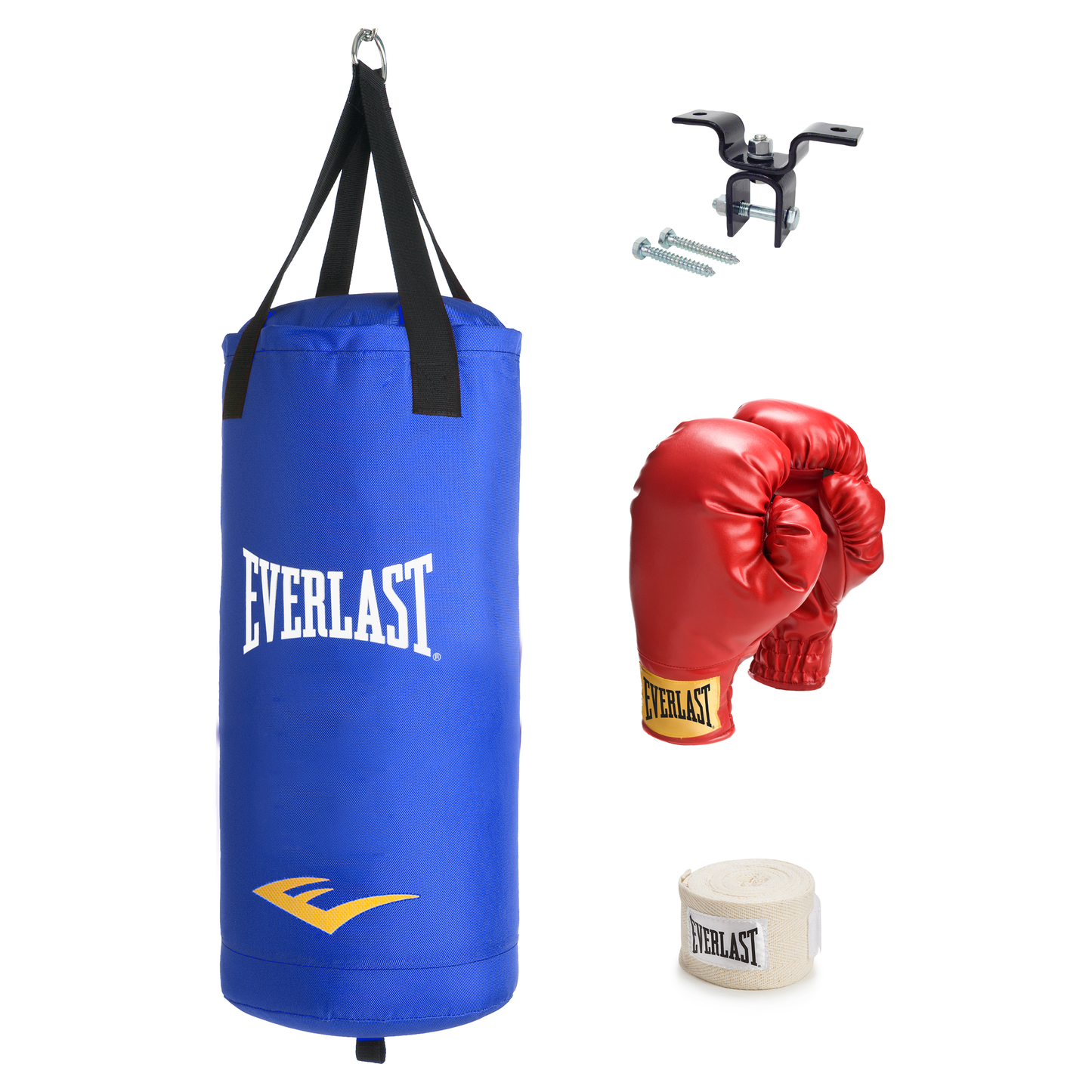 Everlast punching bag, gloves, and wrap on a white background