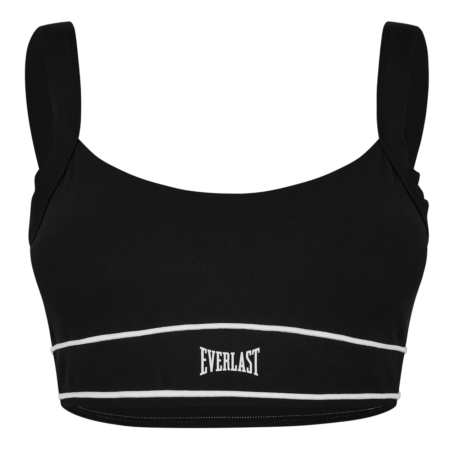 Black sports bra with white accents and 'Everlast' logo on a white background