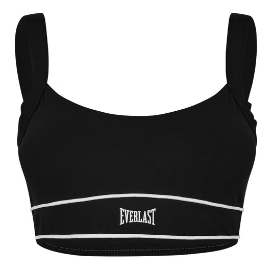 Black sports bra with white accents and 'Everlast' logo on a white background view 1