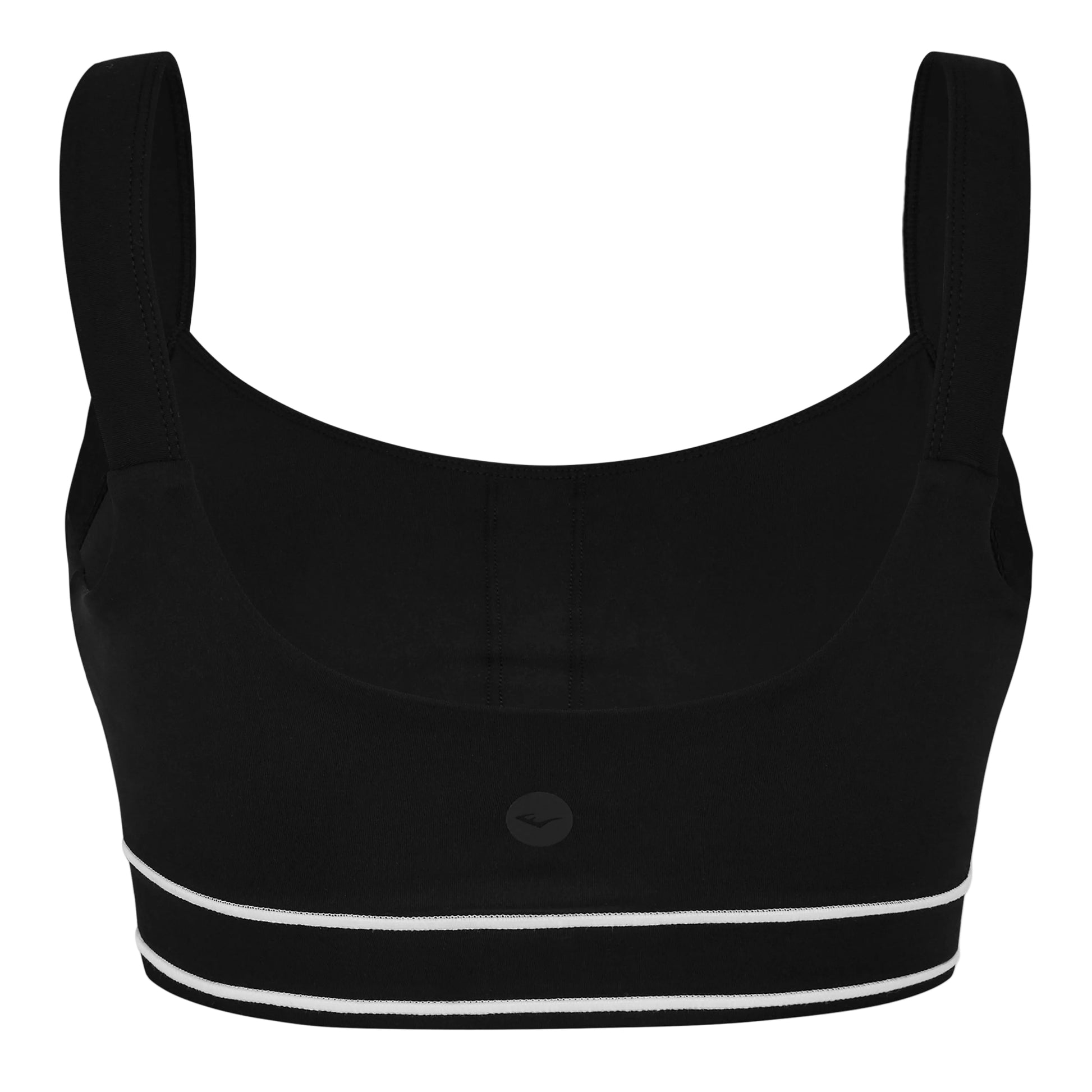 Black sports bra with white accents and 'Everlast' logo on a white background