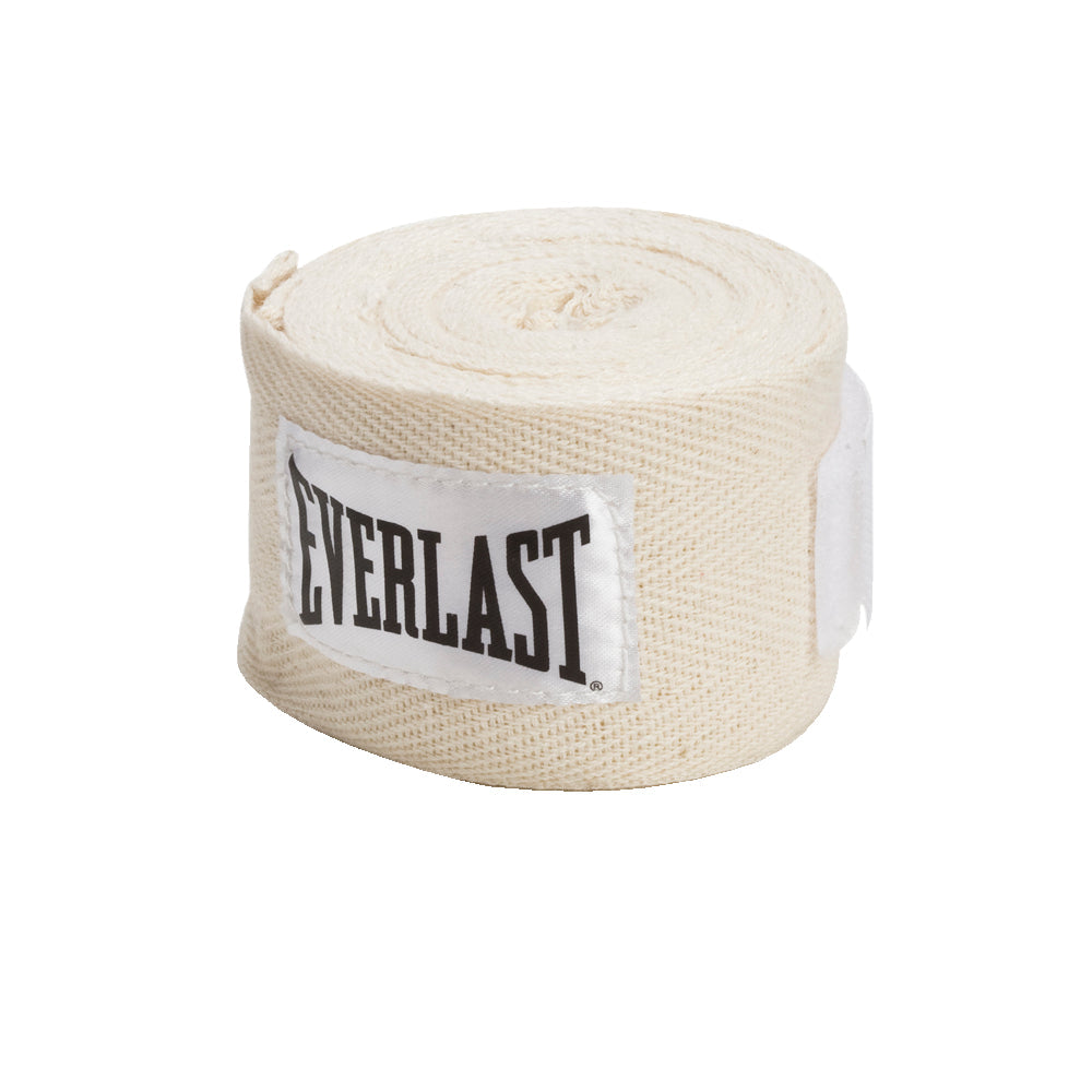 A rolled-up pair of beige Everlast hand wraps with the brand label visible on the front.