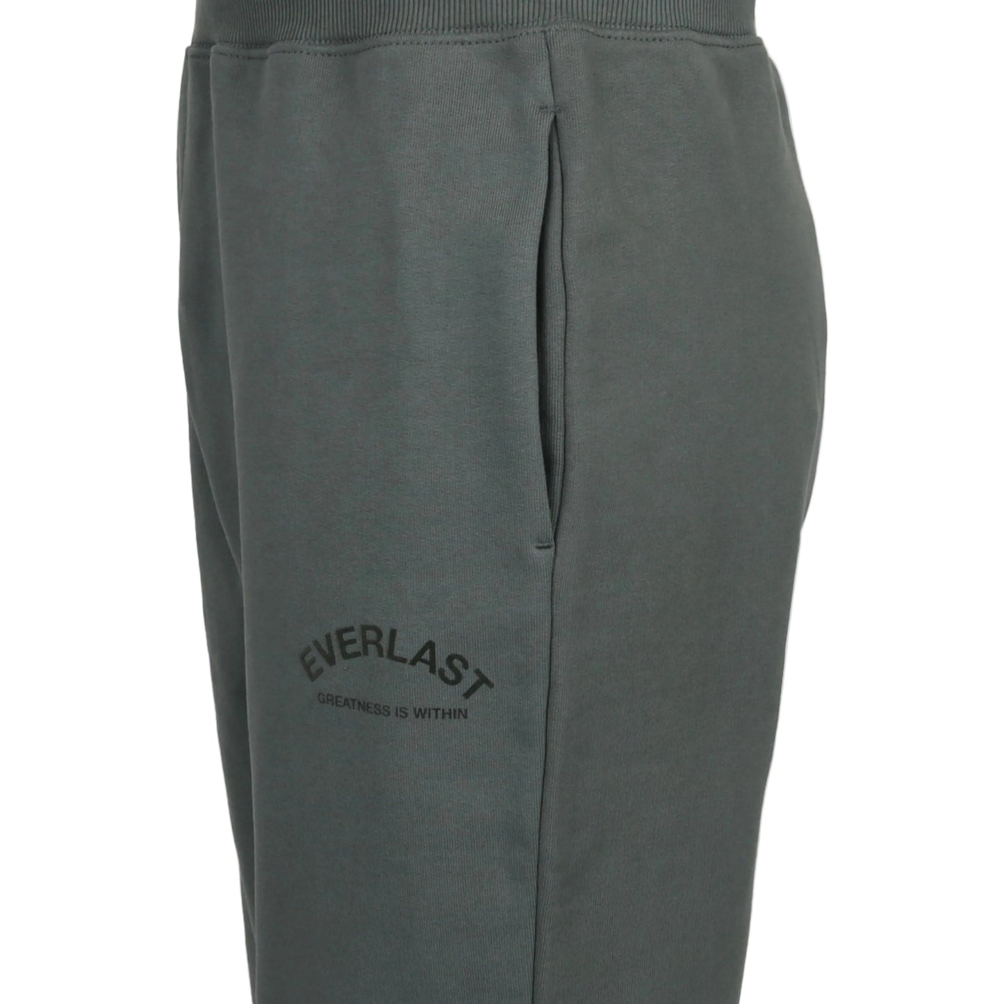 Gray sweatpants with 'Everlast' branding on a light gray background