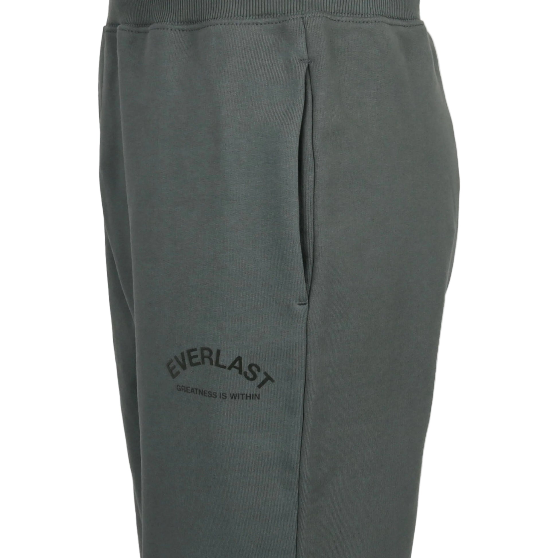 Gray sweatpants with 'Everlast' branding on a light gray background