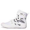 A White/Black Everlast boxing boot with black mesh accents and black laces, shown from a side profile on a clean background.