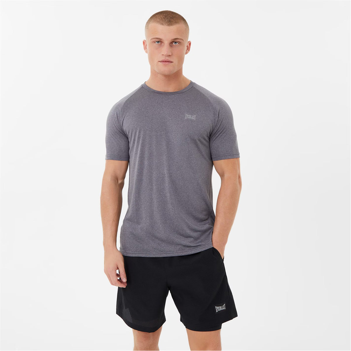 Man wearing a charcoal everlast poly t-shirt 