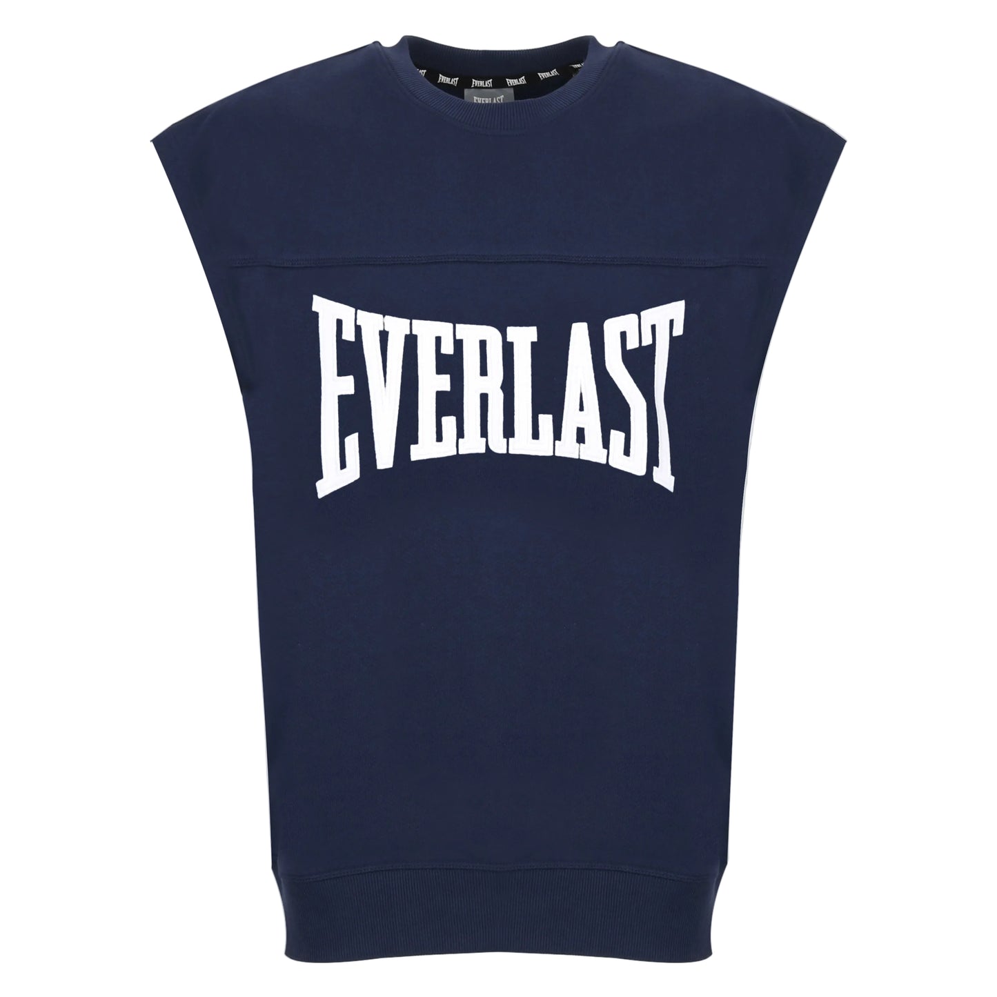 Navy blue sleeveless sweatshirt with 'Everlast' branding on a white background
