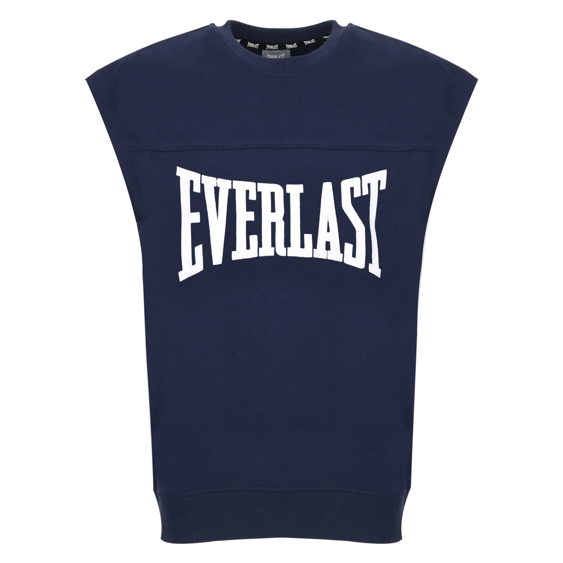 Navy blue sleeveless sweatshirt with 'Everlast' branding on a white background