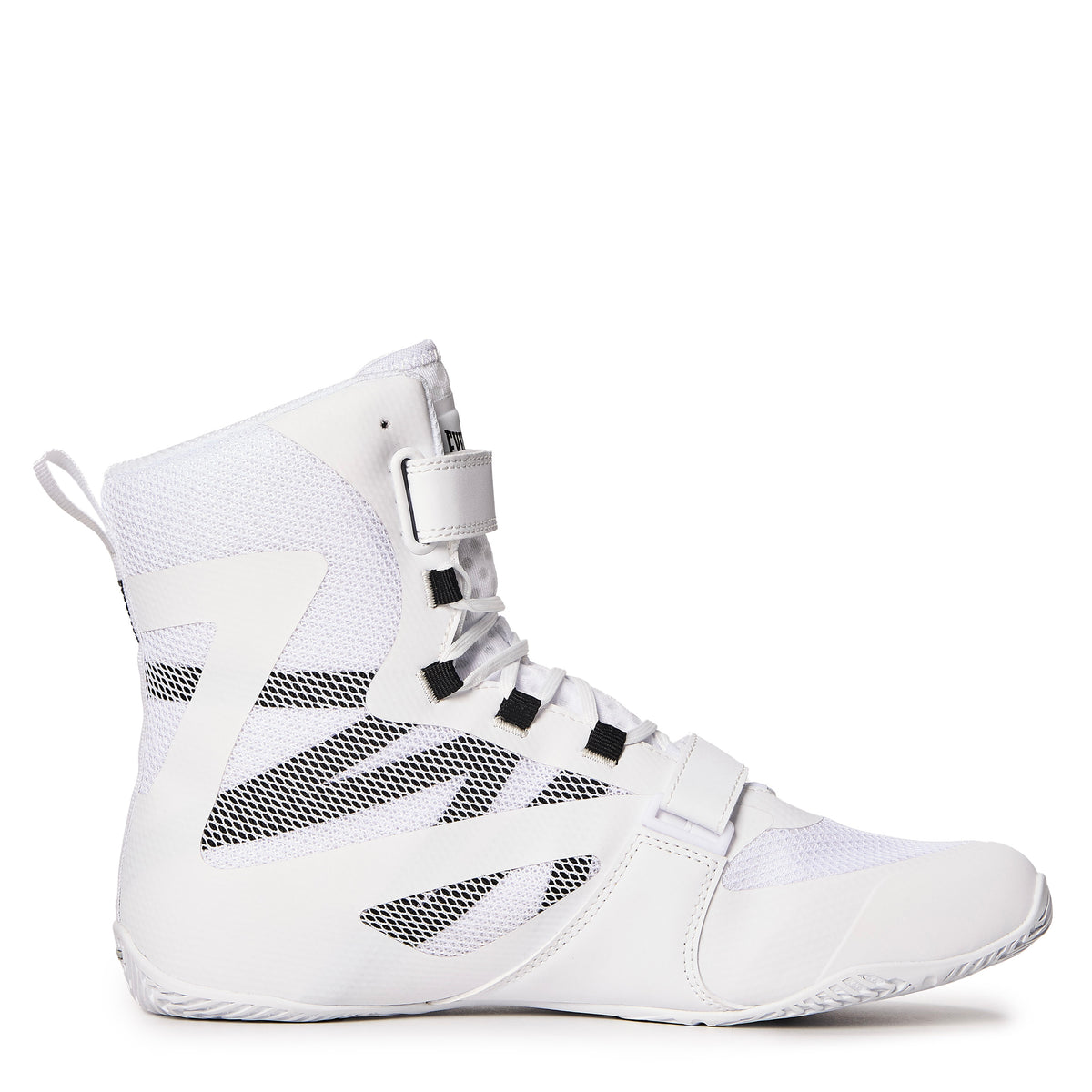 A high-top White/Black athletic shoe with mesh accents and laces, shown in a side profile on a clean background.