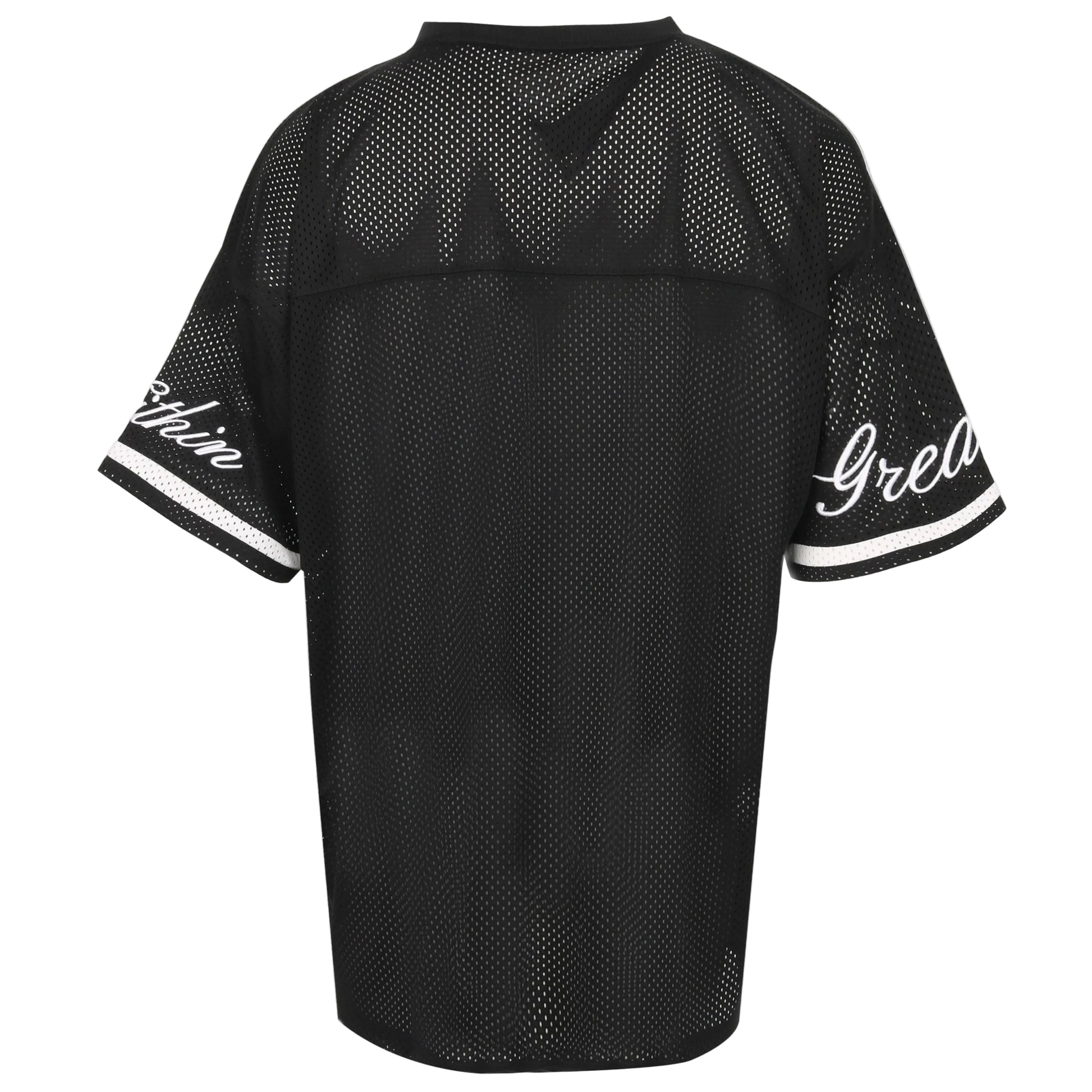 Black mesh jersey with white lettering on sleeves against a light gray background