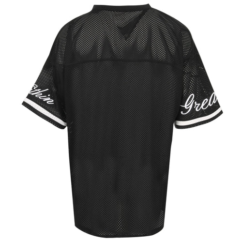 Black mesh jersey with white lettering on sleeves against a light gray background