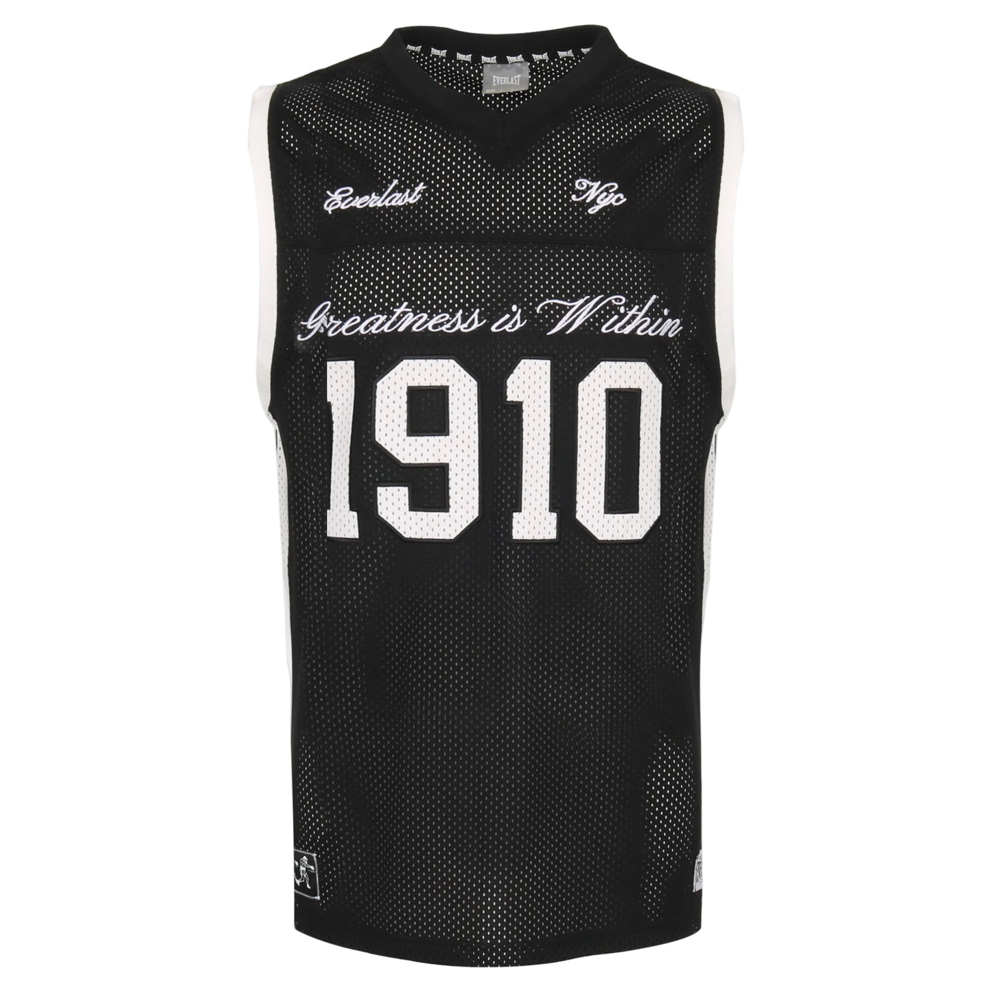 Black sleeveless sports jersey with text on a white background