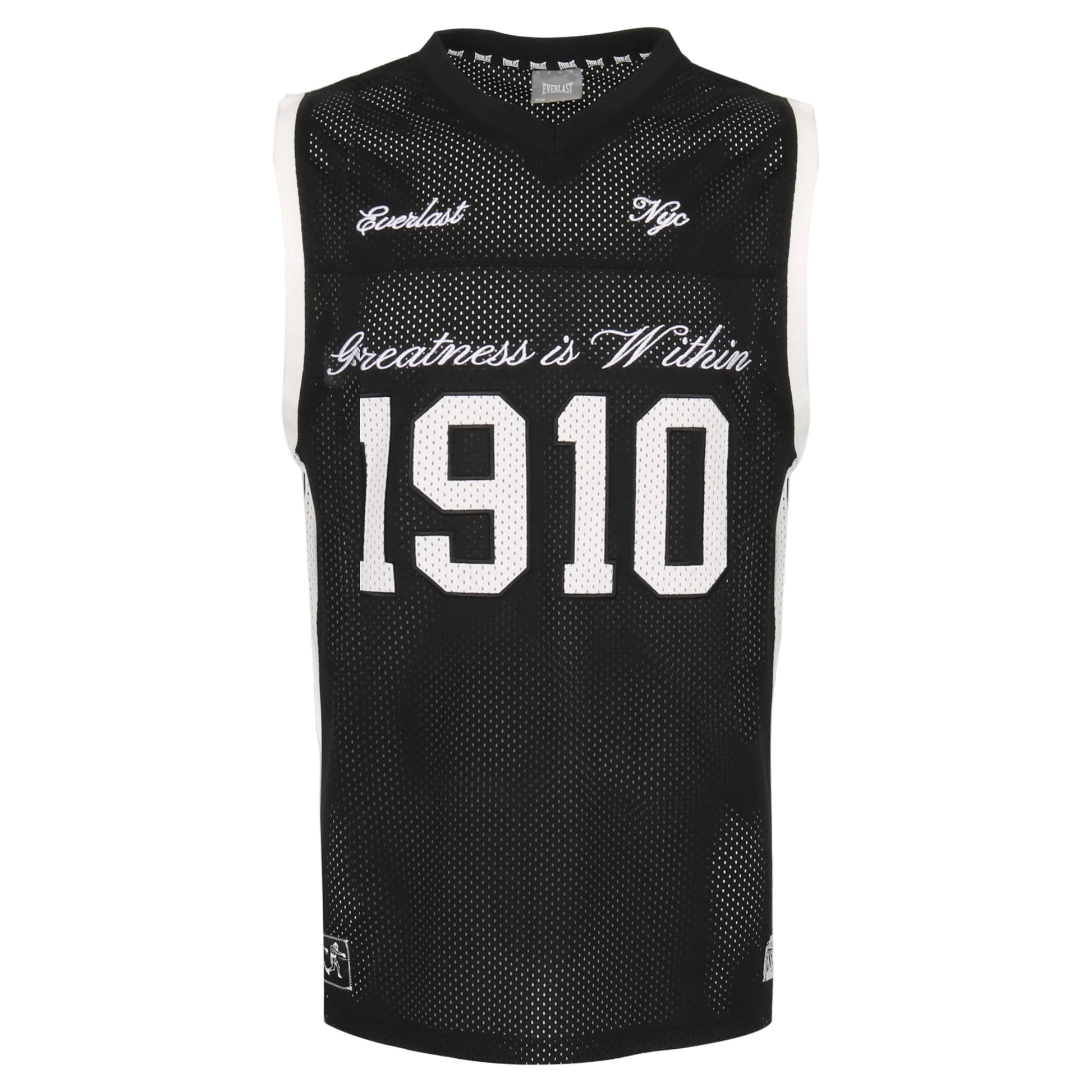 Black sleeveless sports jersey with text on a white background