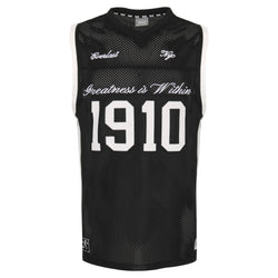 Black sleeveless sports jersey with text on a white background