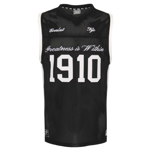 Black sleeveless sports jersey with text on a white background