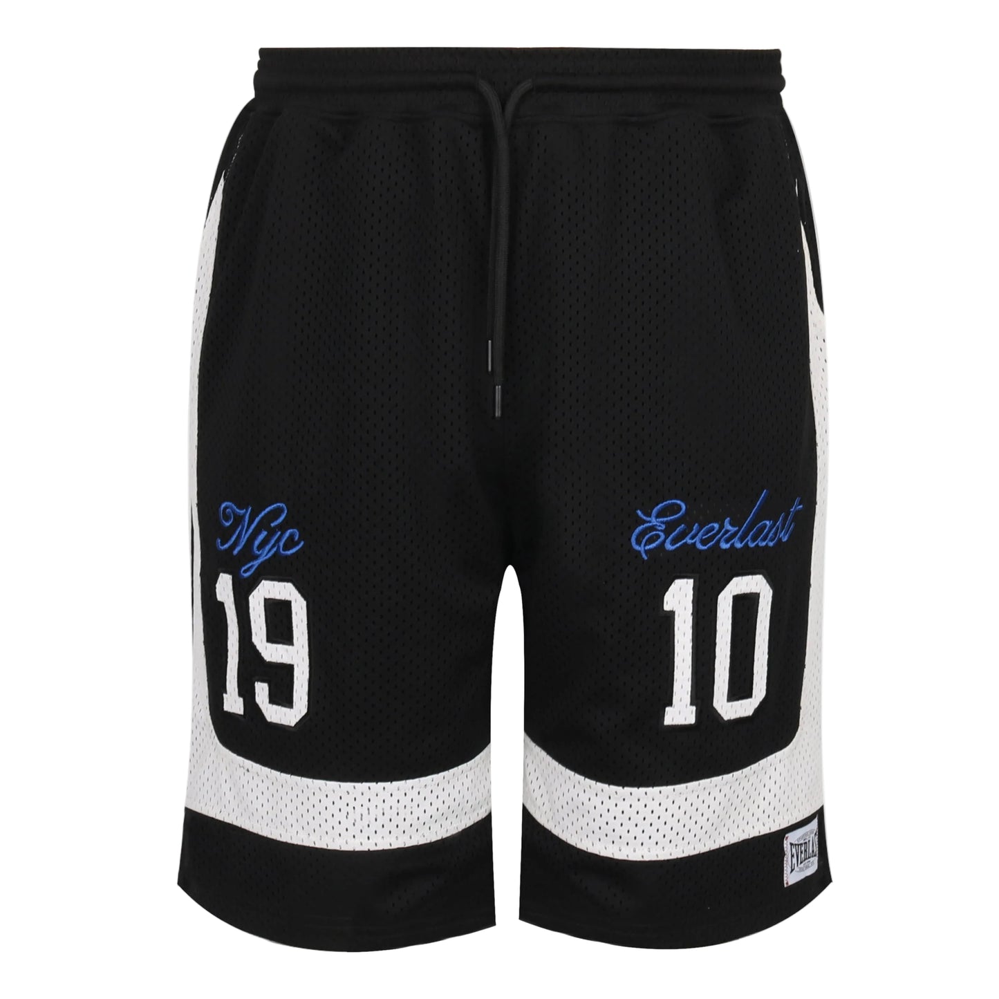 Black basketball shorts with white accents and branding on a light gray background