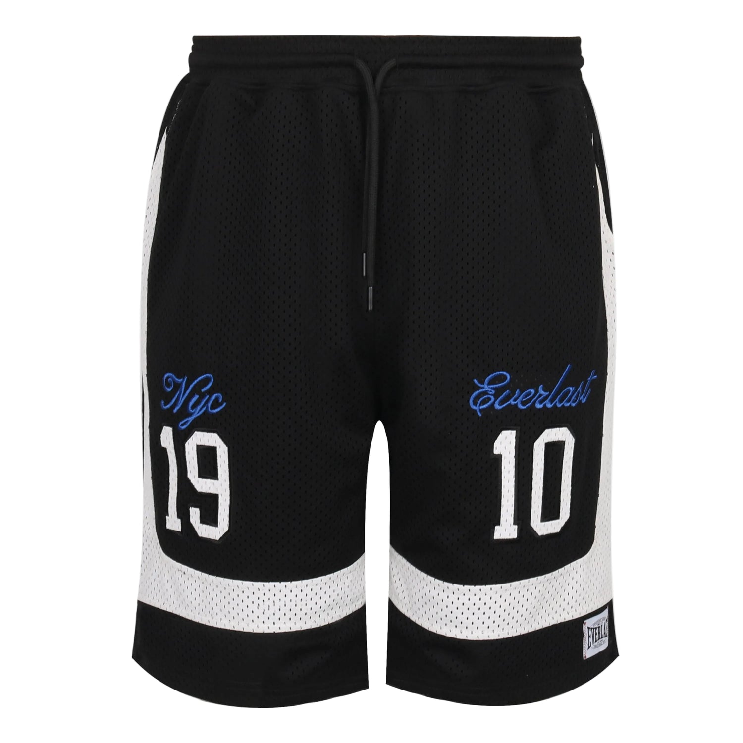 Black basketball shorts with white accents and branding on a light gray background