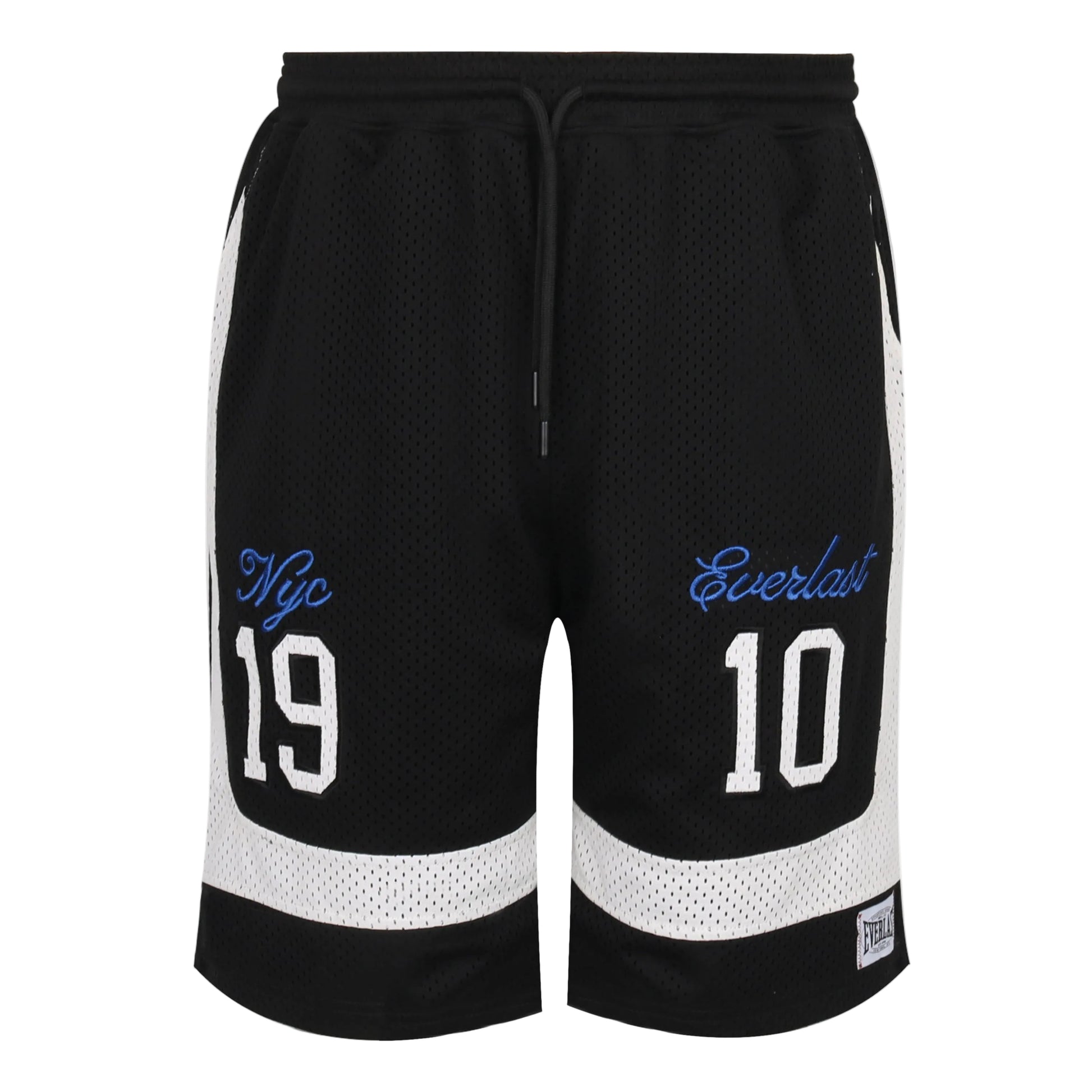 Black basketball shorts with white accents and branding on a light gray background