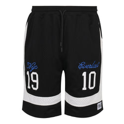 Black basketball shorts with white accents and branding on a light gray background