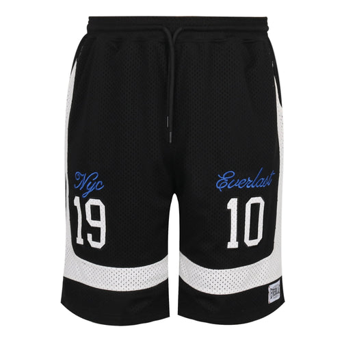 Black basketball shorts with white accents and branding on a light gray background