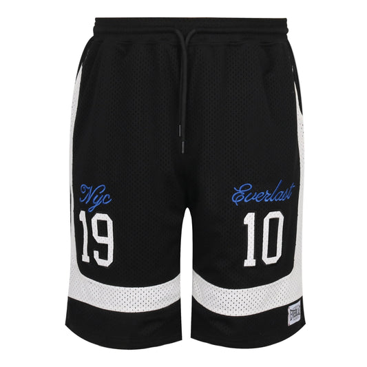 Black basketball shorts with white accents and branding on a light gray background view 1
