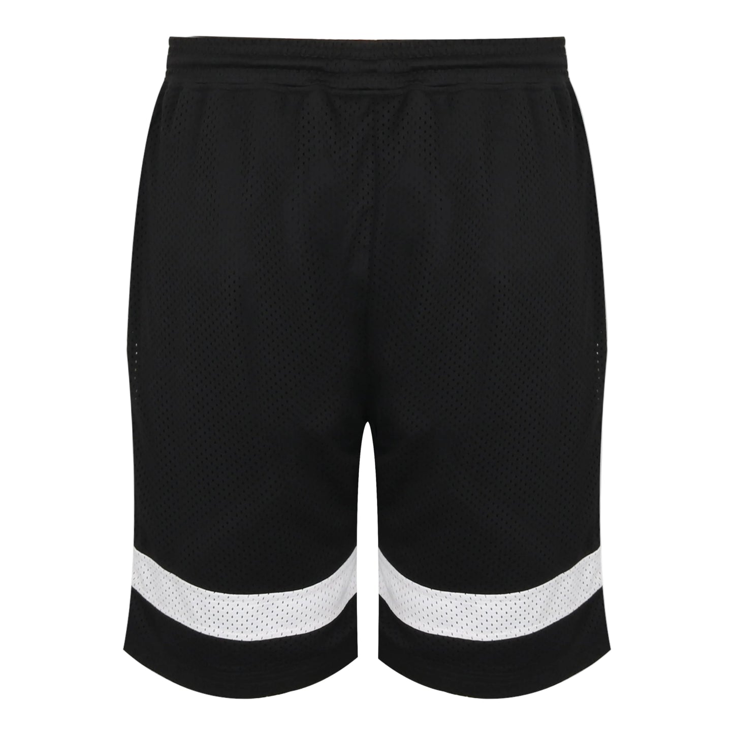 Black shorts with reflective white stripes on a light gray background