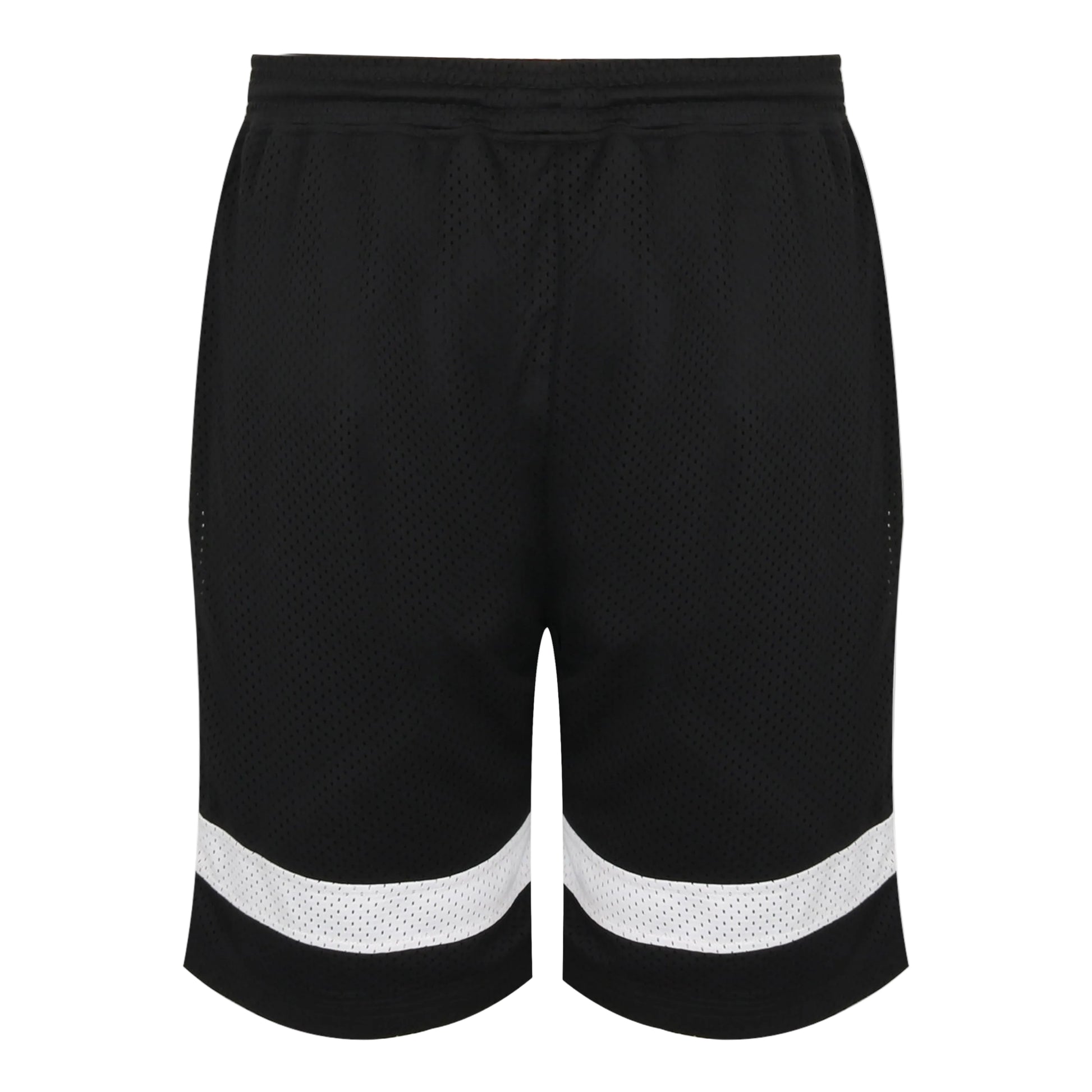 Black shorts with reflective white stripes on a light gray background