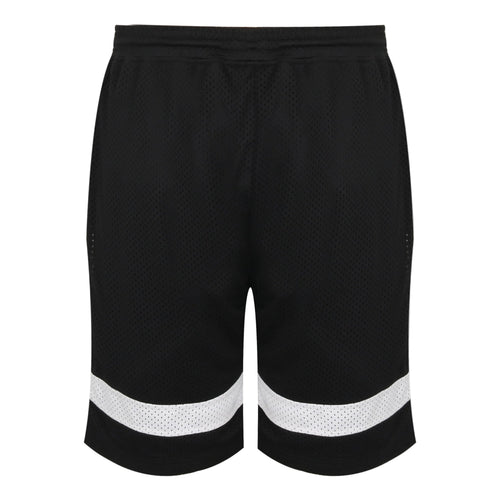 Black shorts with reflective white stripes on a light gray background