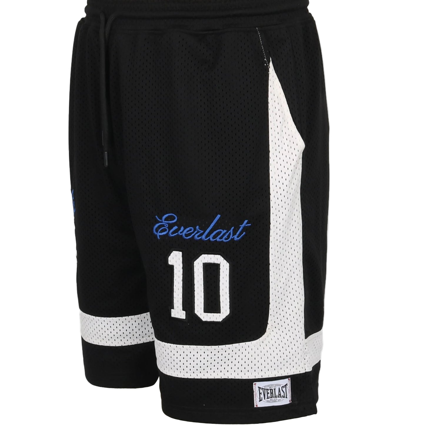 Black athletic shorts with white accents and 'Everlast' branding on a light gray background