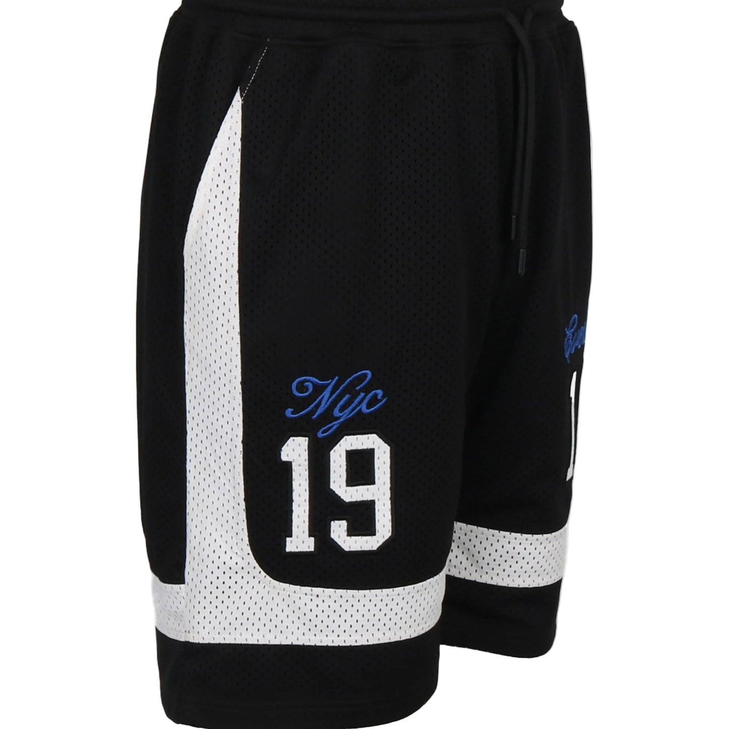 Black shorts with white accents and blue text on a white background