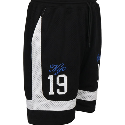 Black shorts with white accents and blue text on a white background