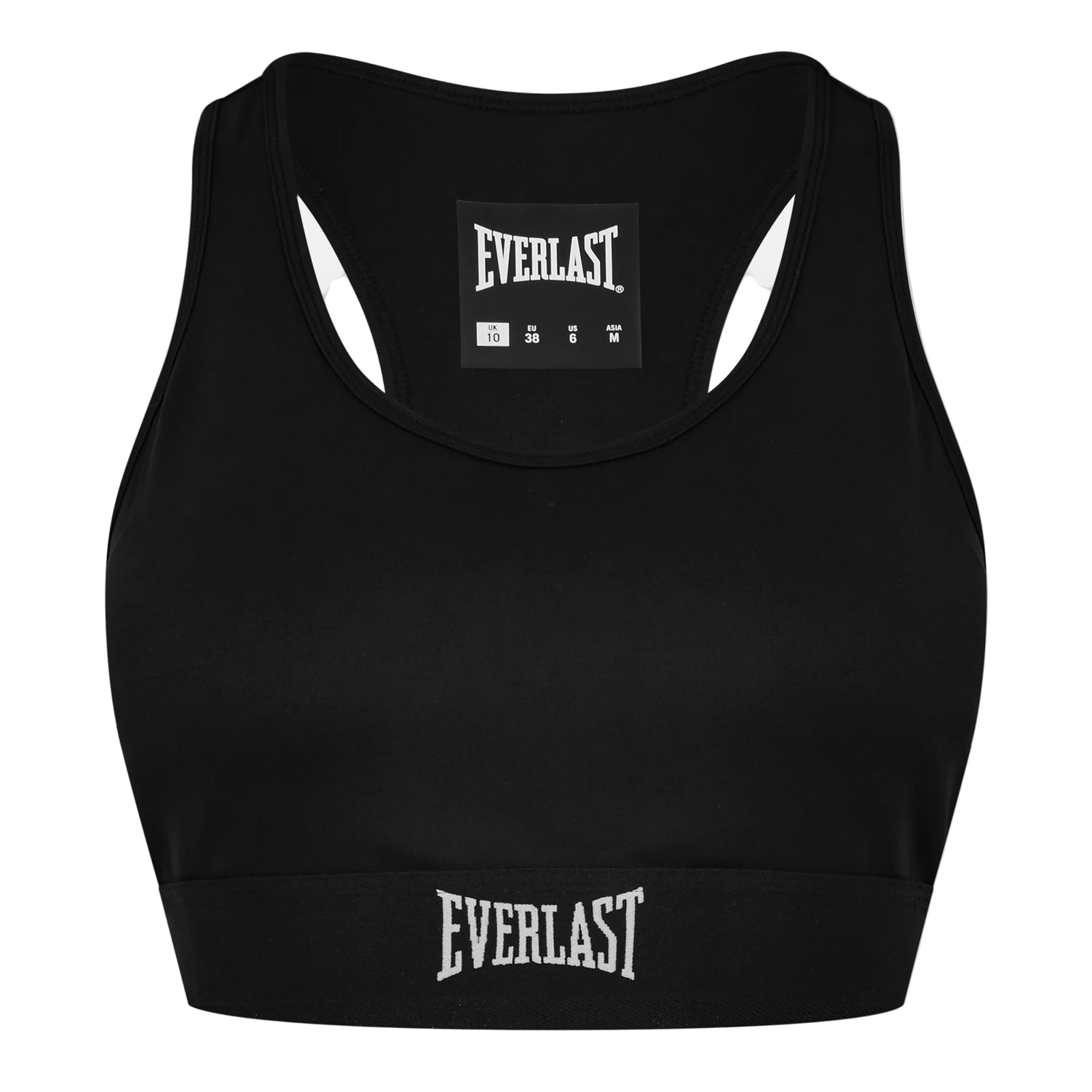 Black sports bra with Everlast branding on a white background