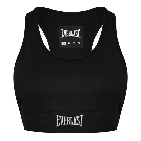 Black sports bra with Everlast branding on a white background view 1