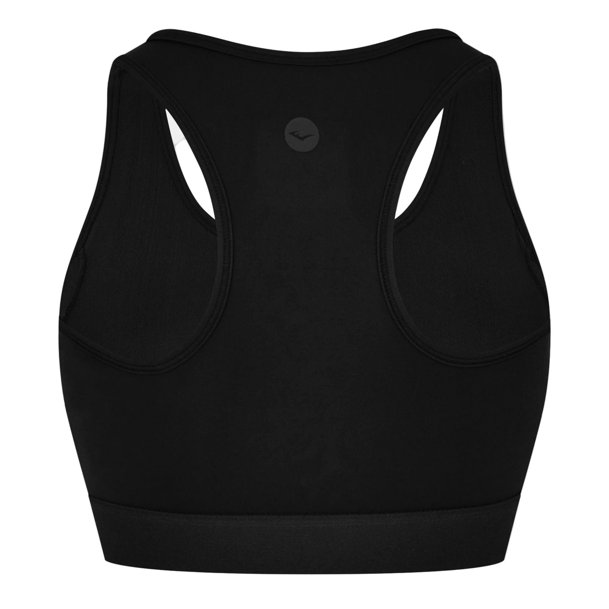 Black sports bra with Everlast branding on a white background