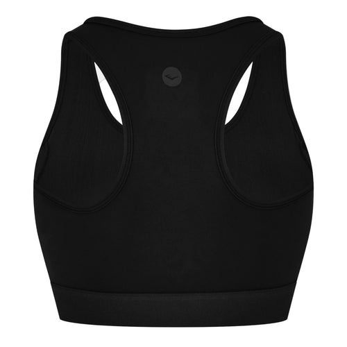Black sports bra with Everlast branding on a white background