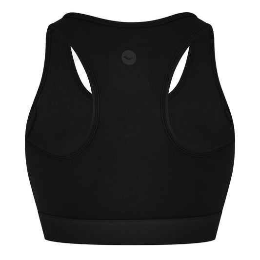 Black sports bra with Everlast branding on a white background view 2